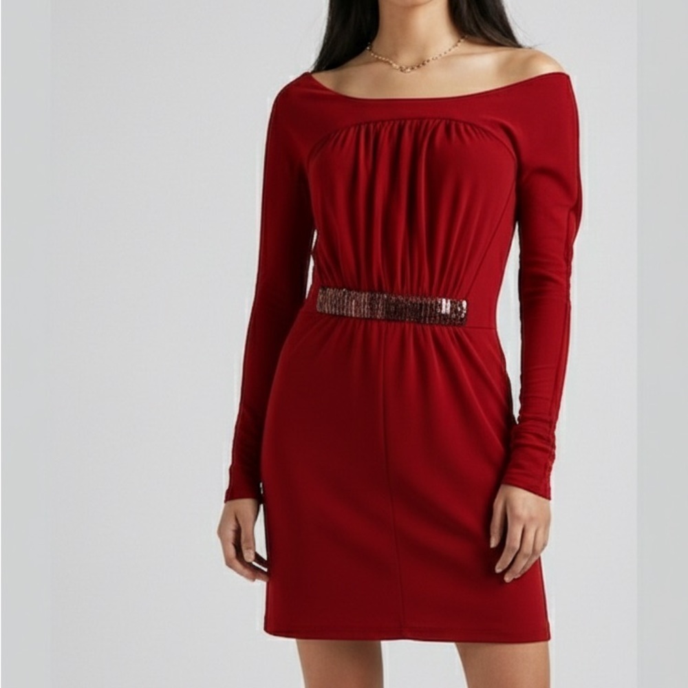 BCBGMaxAzria Red Long Sleeve Bodycon Dress / Beaded Waist / Cocktail / Size XS